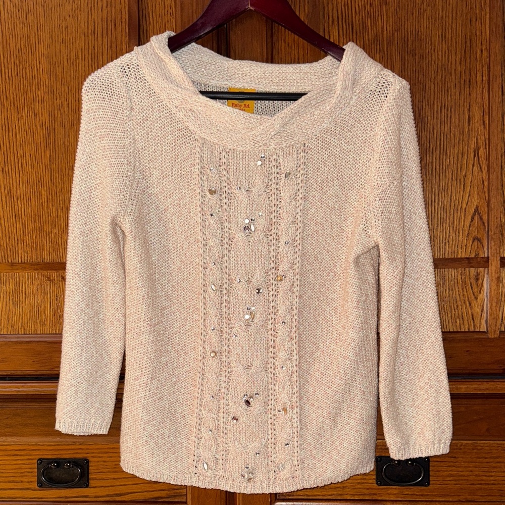 Ruby Rd. Petite Cowl Neck 3/4 Sleeve Knit Sweater Beaded Embellished Shimmer